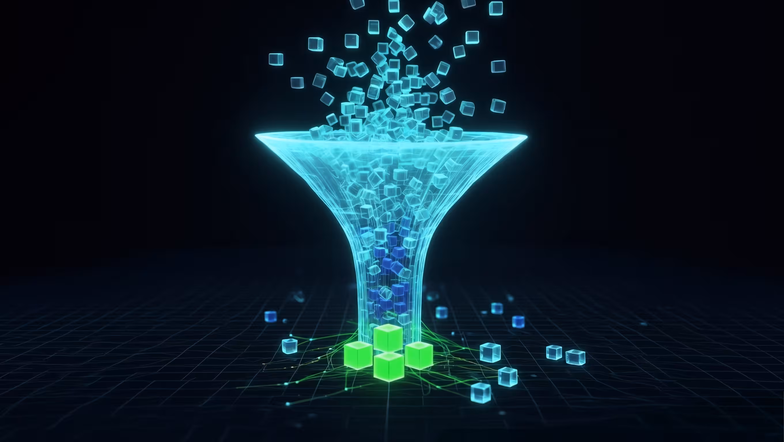 Glowing blue cubes flowing through an AI funnel with green cubes collected at the bottom on a grid surface.