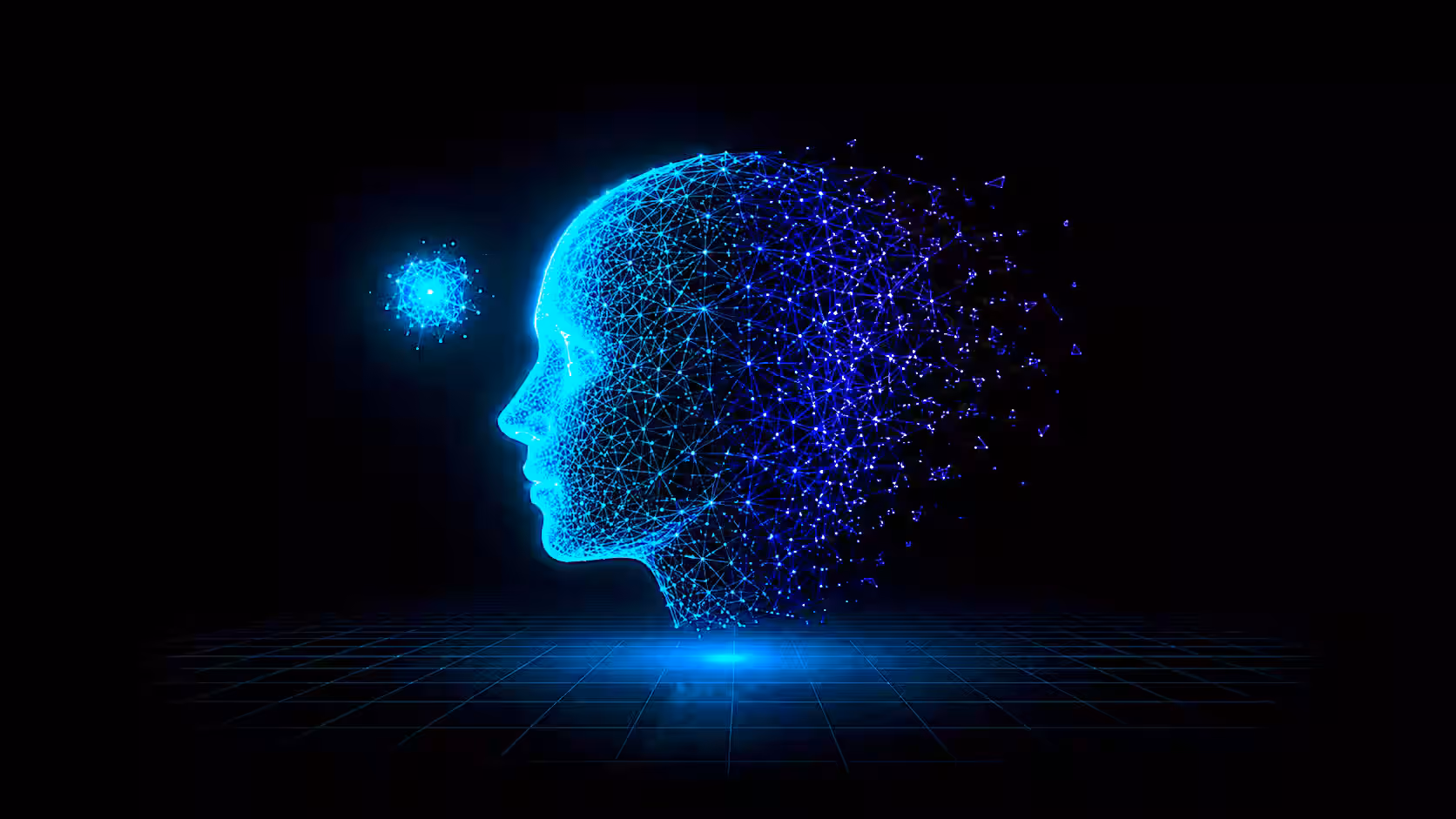 Blue digital wireframe head profile with AI network nodes dissolving into dots on black background.