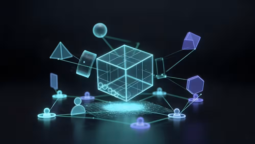 Glowing 3D cube surrounded by interconnected geometric shapes and user icons denoting building commercial infrastructure and governance.