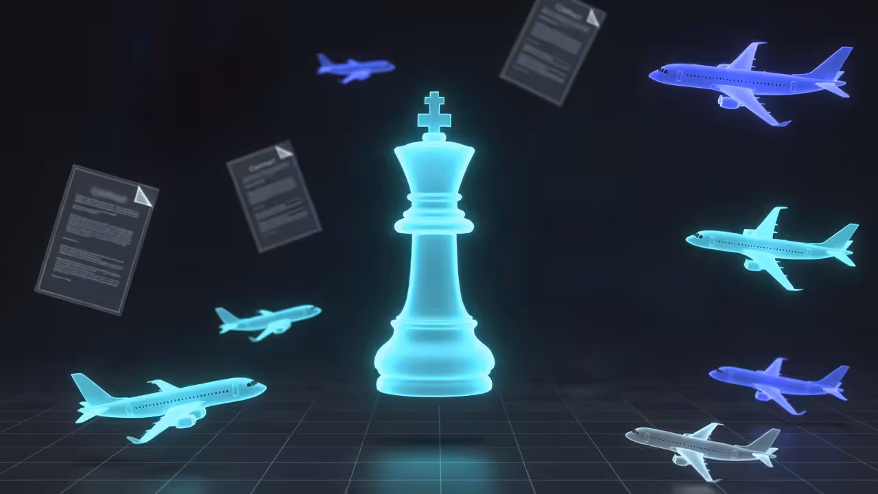 Glowing chess king piece surrounded by flying airplanes and floating contract documents in a dark space.