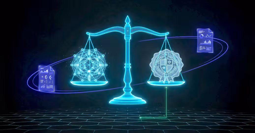 Glowing digital balance scale with an AI network and security badge on each side and orbiting data charts.