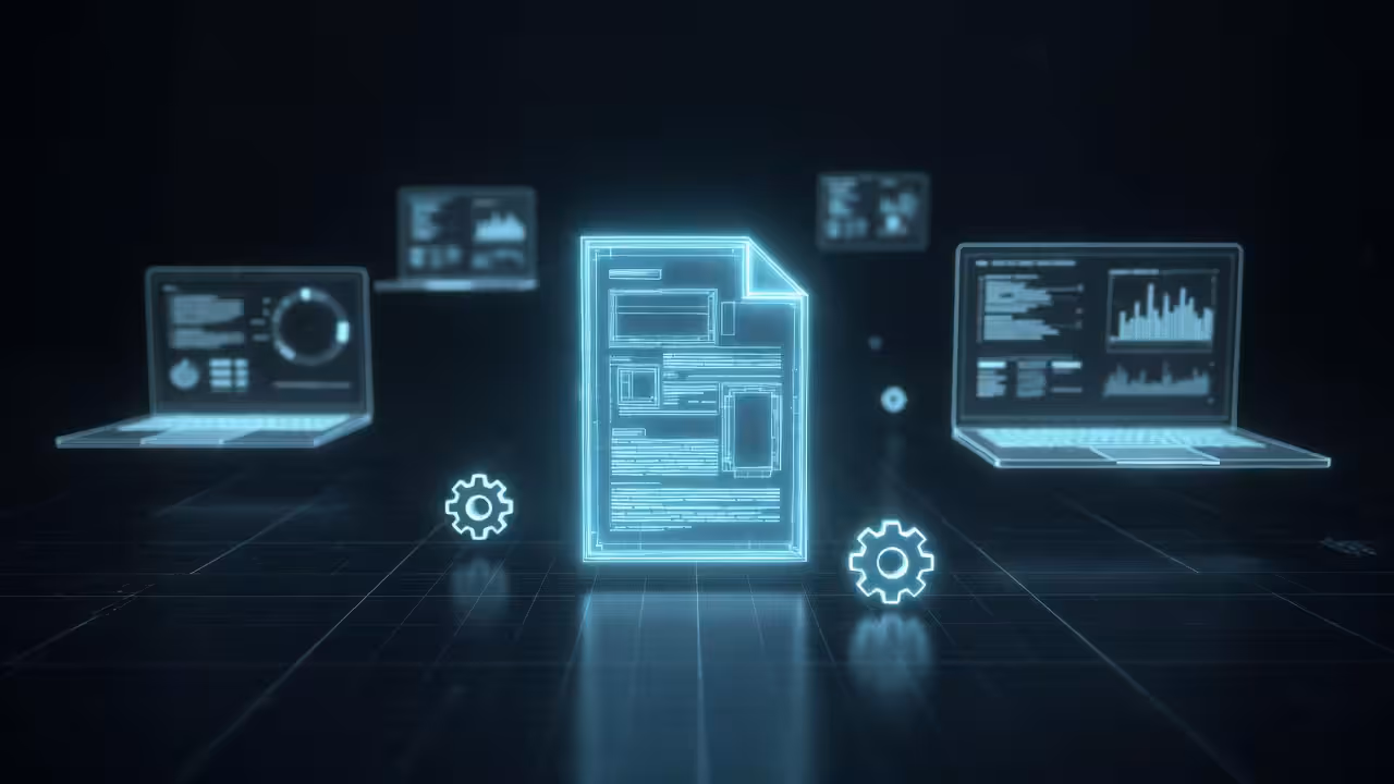 Glowing digital document with two gear icons in front of three floating laptop screens displaying commercial data and sales charts.