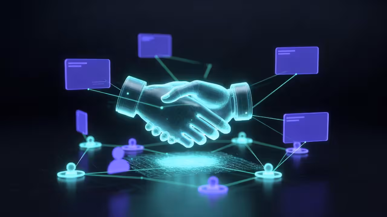 Glowing digital handshake surrounded by connected partner icons and channel partner information boxes on dark background.