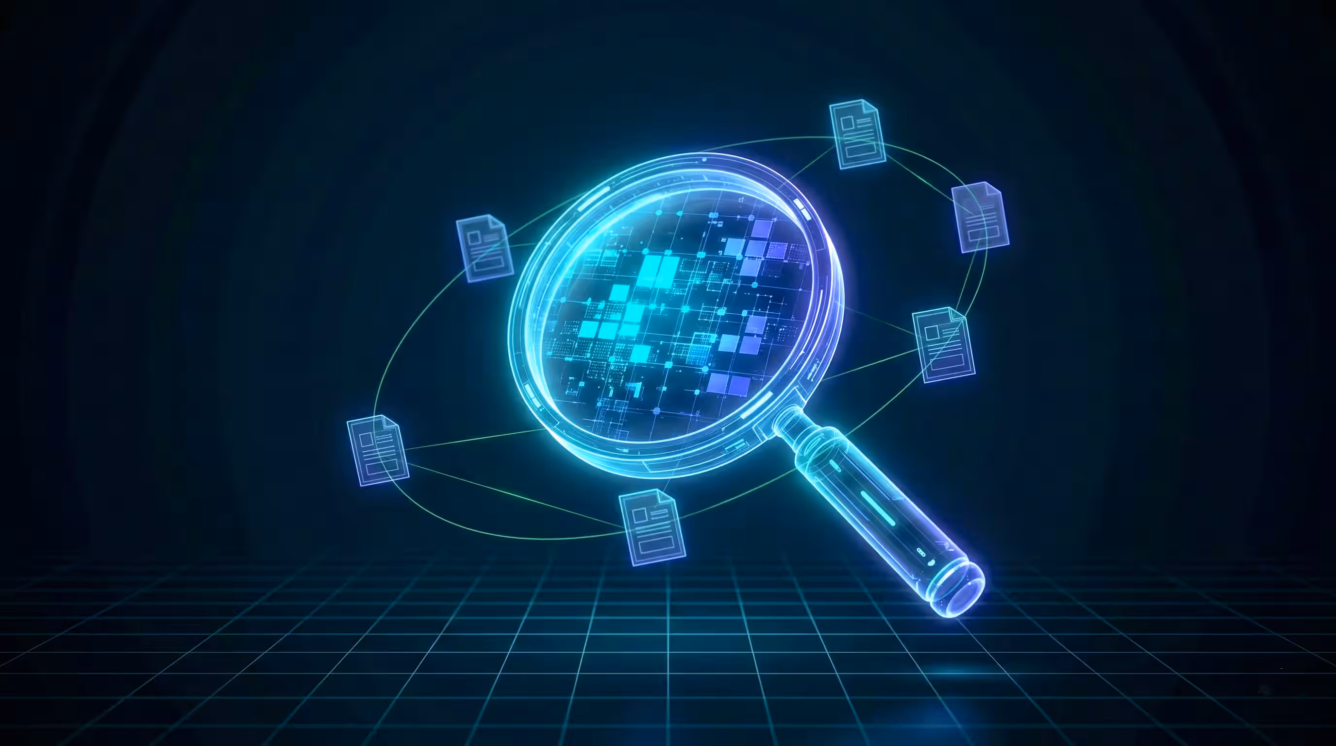 Glowing digital magnifying glass focusing on data squares surrounded by connected document icons.
