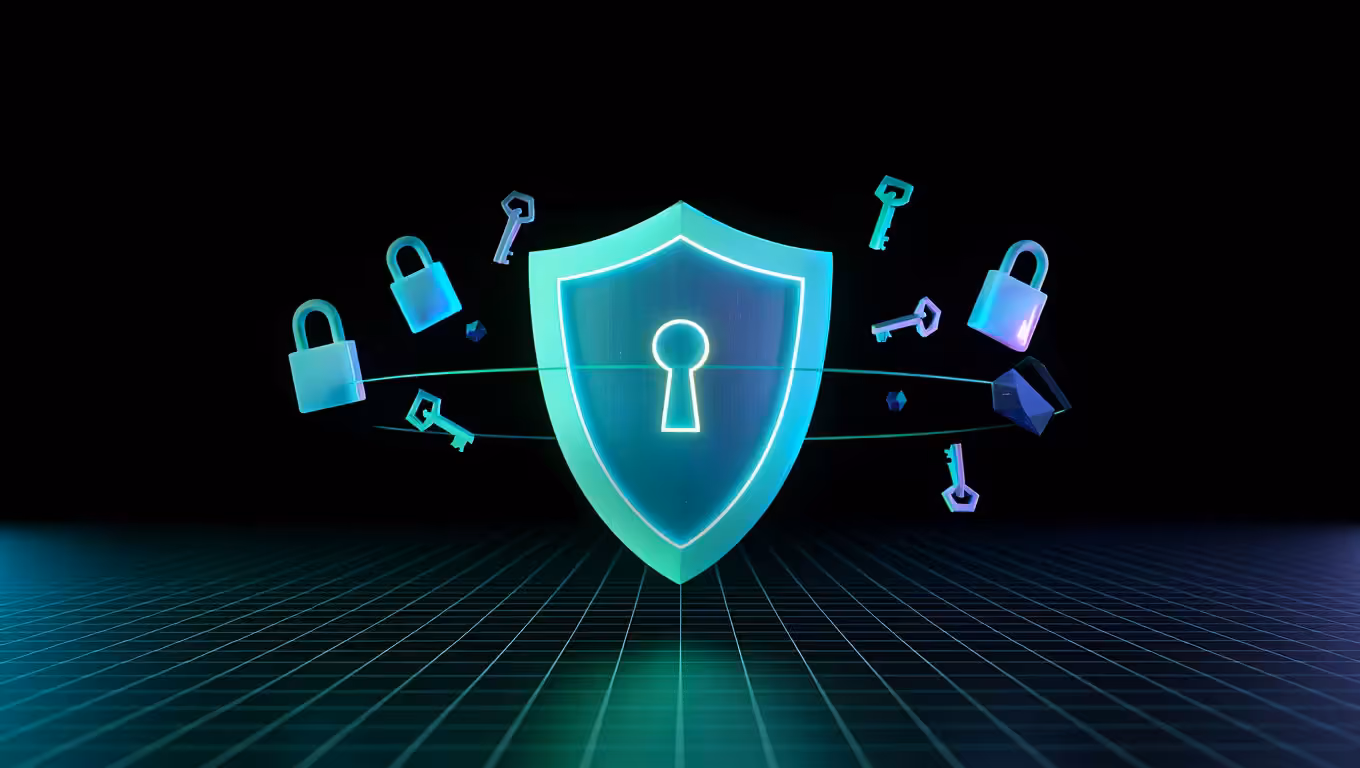 Glowing holographic shield with a keyhole, symbolising cyber security surrounded by floating keys and padlocks on a grid surface.