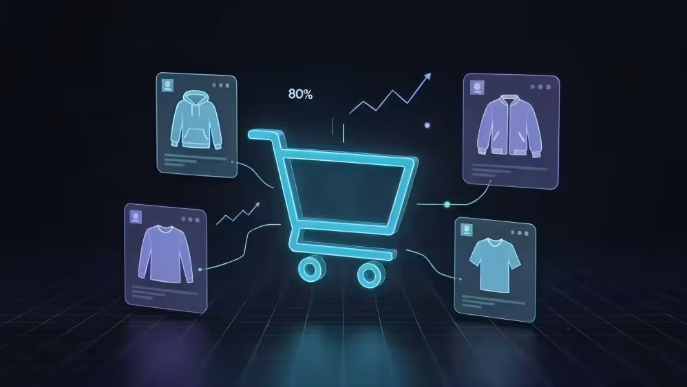 Glowing shopping cart surrounded by product cards of clothing items depicting digital strategy..