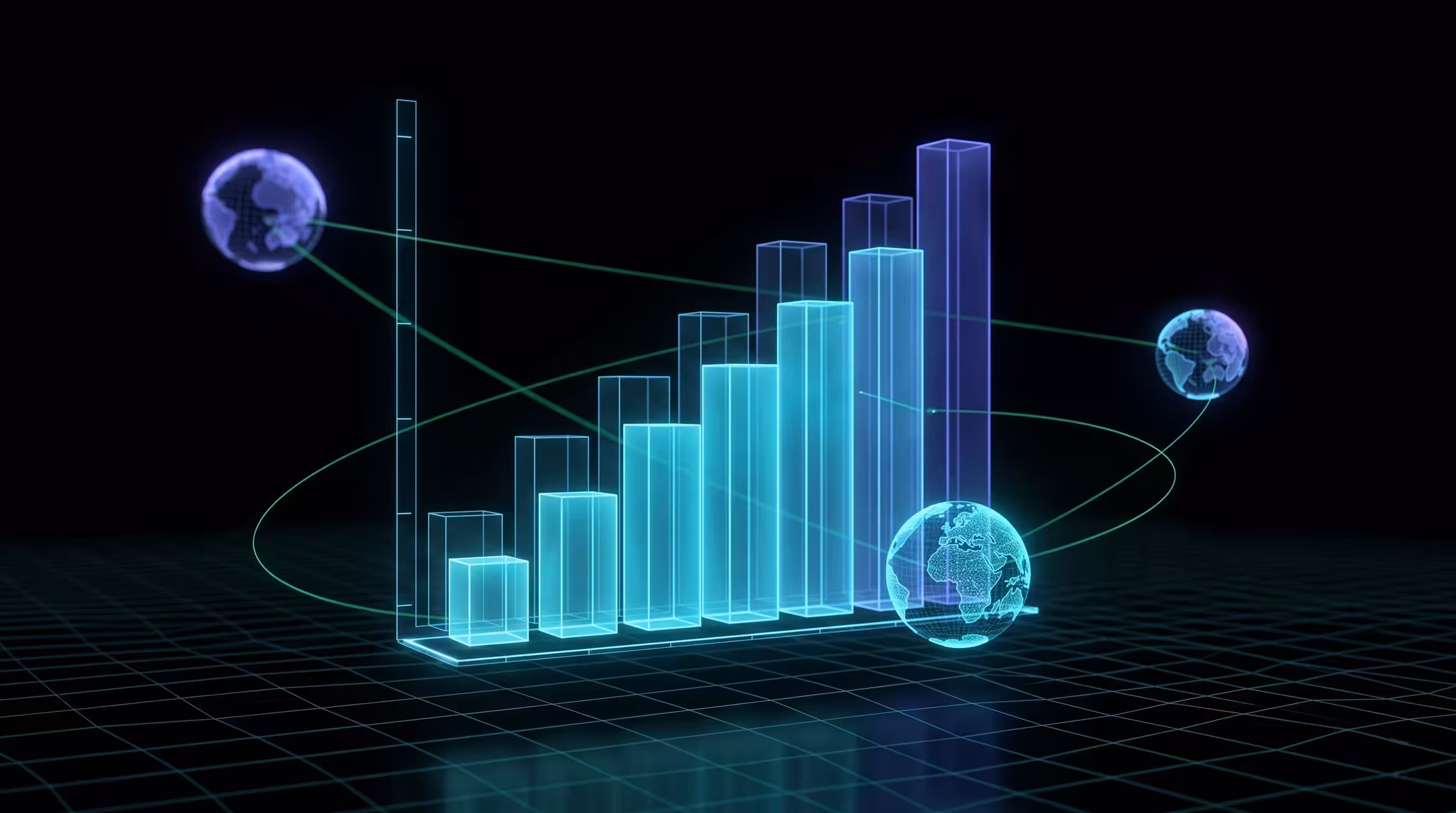 Glowing transparent 3D bar chart with ascending bars connected by green lines to three floating Earth globes on a dark grid background, denoting increasing productivity without adding headcount.