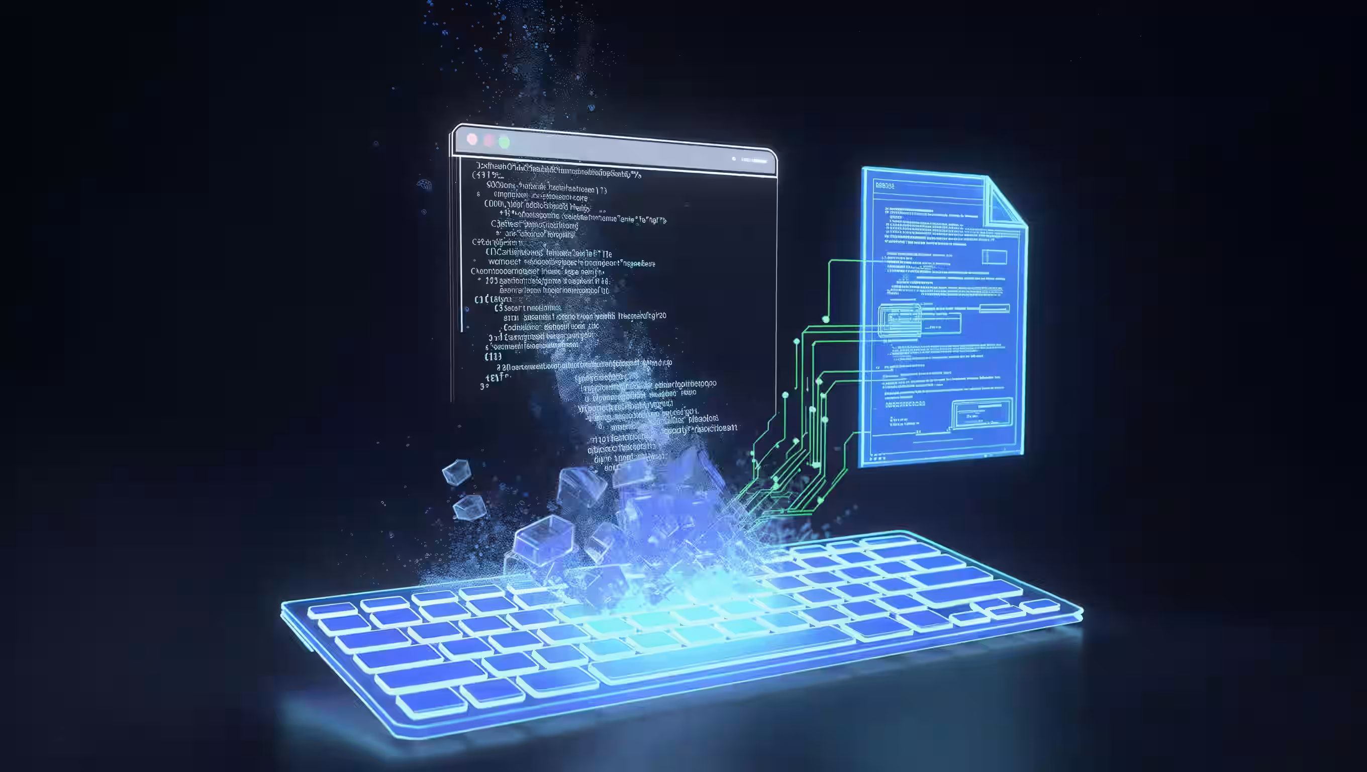 Digital keyboard projects holographic code and a document with circuit-like connections on black background, illustrating vibe coding.