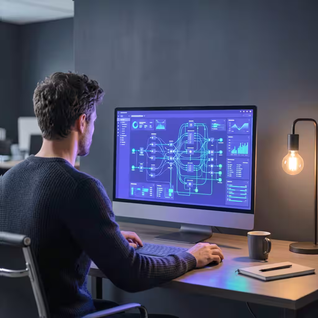Man sitting at a desk and working on a computer displaying a complex AI automation flowchart and data graphs.