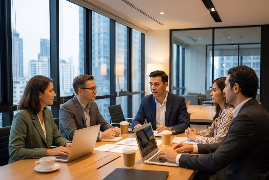 Fractional CCO leading commercial negotiation around a table with four other business professionals, in a modern office with laptops and coffee cups.