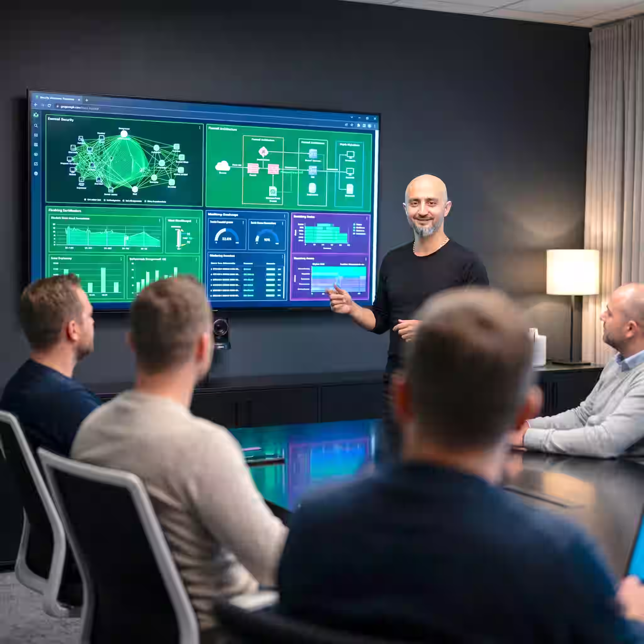 A man giving a presentation on cyber security to four seated people from a small company with data and network diagrams displayed on a large screen.