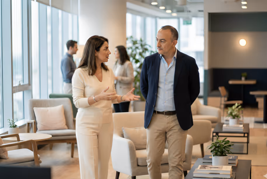 Two professionals in business attire having a discussion in a modern office lounge with armchairs and plants during an executive coaching session.