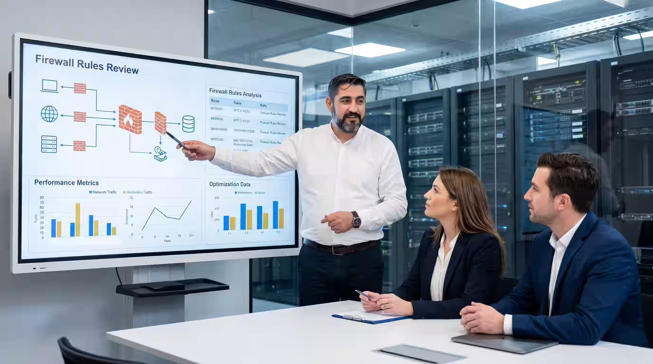 Fractional CISO in white shirt pointing at a digital screen showing firewall rules review and performance metrics, with two colleagues seated at a table in a server room.