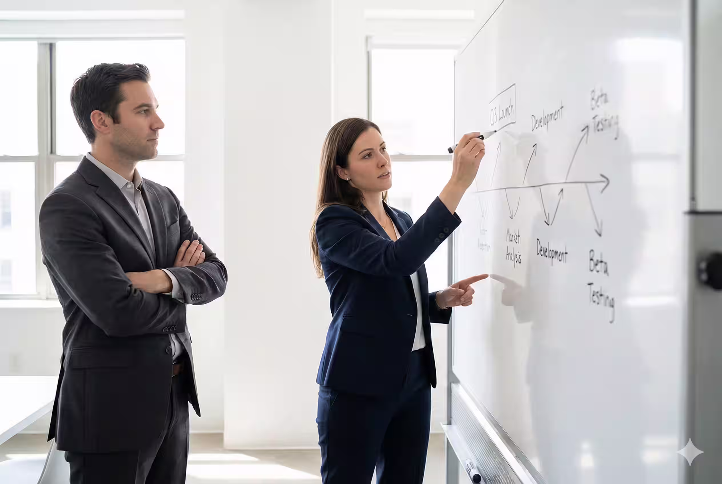 Woman in business suit writing a project timeline with phases including market analysis, development, beta testing, and launch on a whiteboard while fractional exec team leader in suit observes.