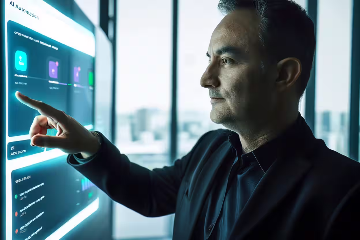 Fractional executive in business attire interacting with a touchscreen displaying AI automation workflow data in an office setting.