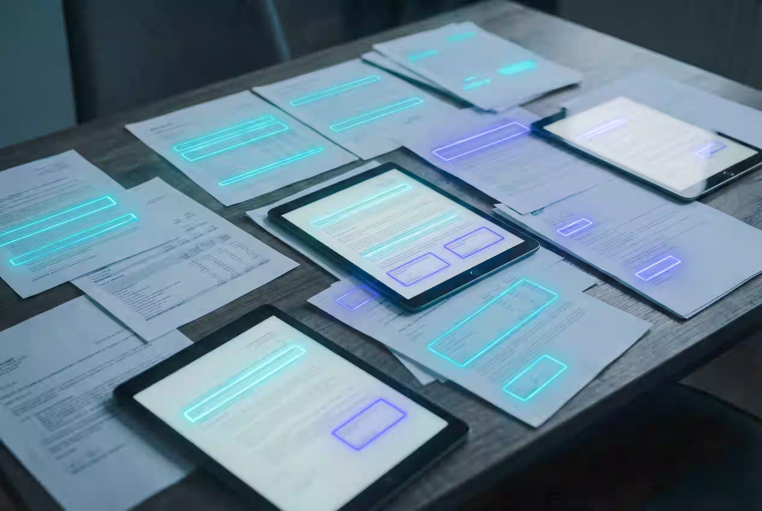 Multiple documents spread across a desk surface, some printed papers and some tablet screens showing document pages. Soft glowing highlights appear on specific sections of the documents, luminous overlays indicating selected text passages, data fields, and key information being identified. The highlights suggest intelligent extraction happening in real time.